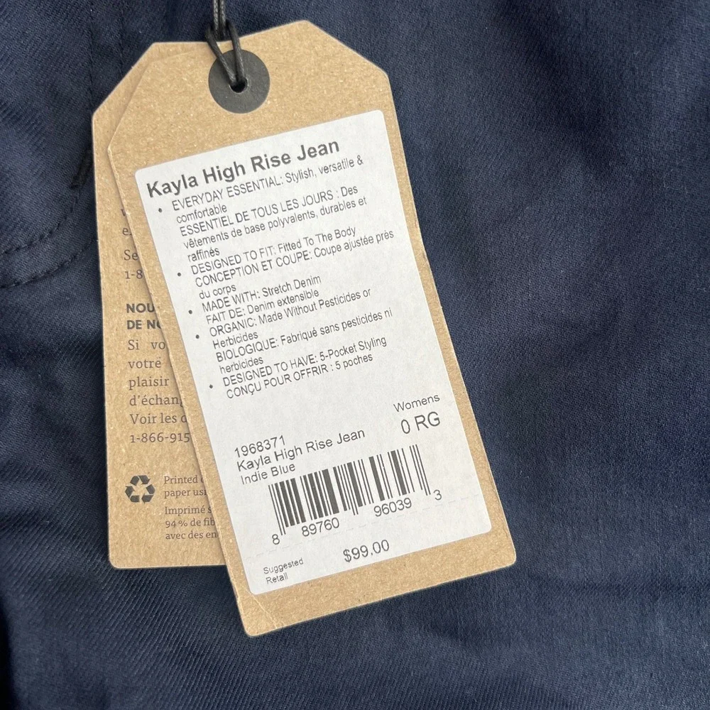 NWT Prana Women's 0 RG Kayla High Rise Jeans Indie‎ Blue Organic Stretch Denim